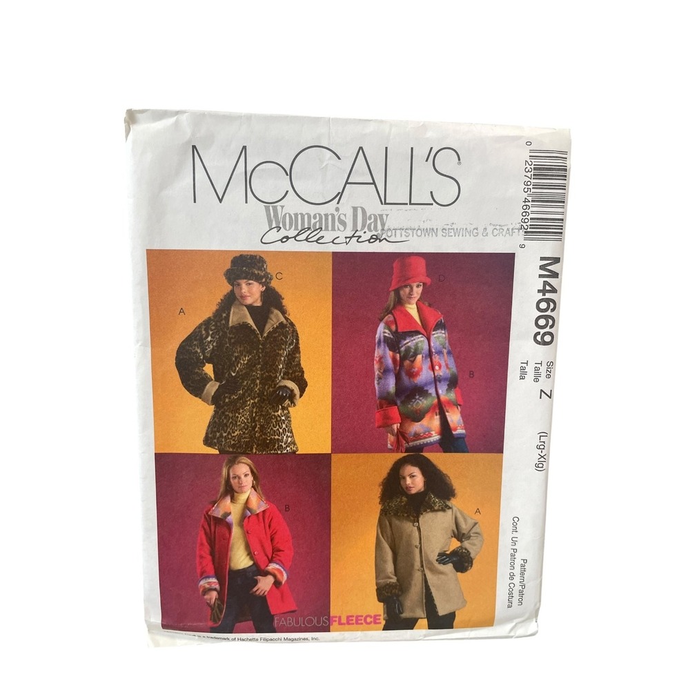 McCall's M4669 Reversible Jacket Coat Hat Lrg-Xlg 2000s Fleece Faux Fur